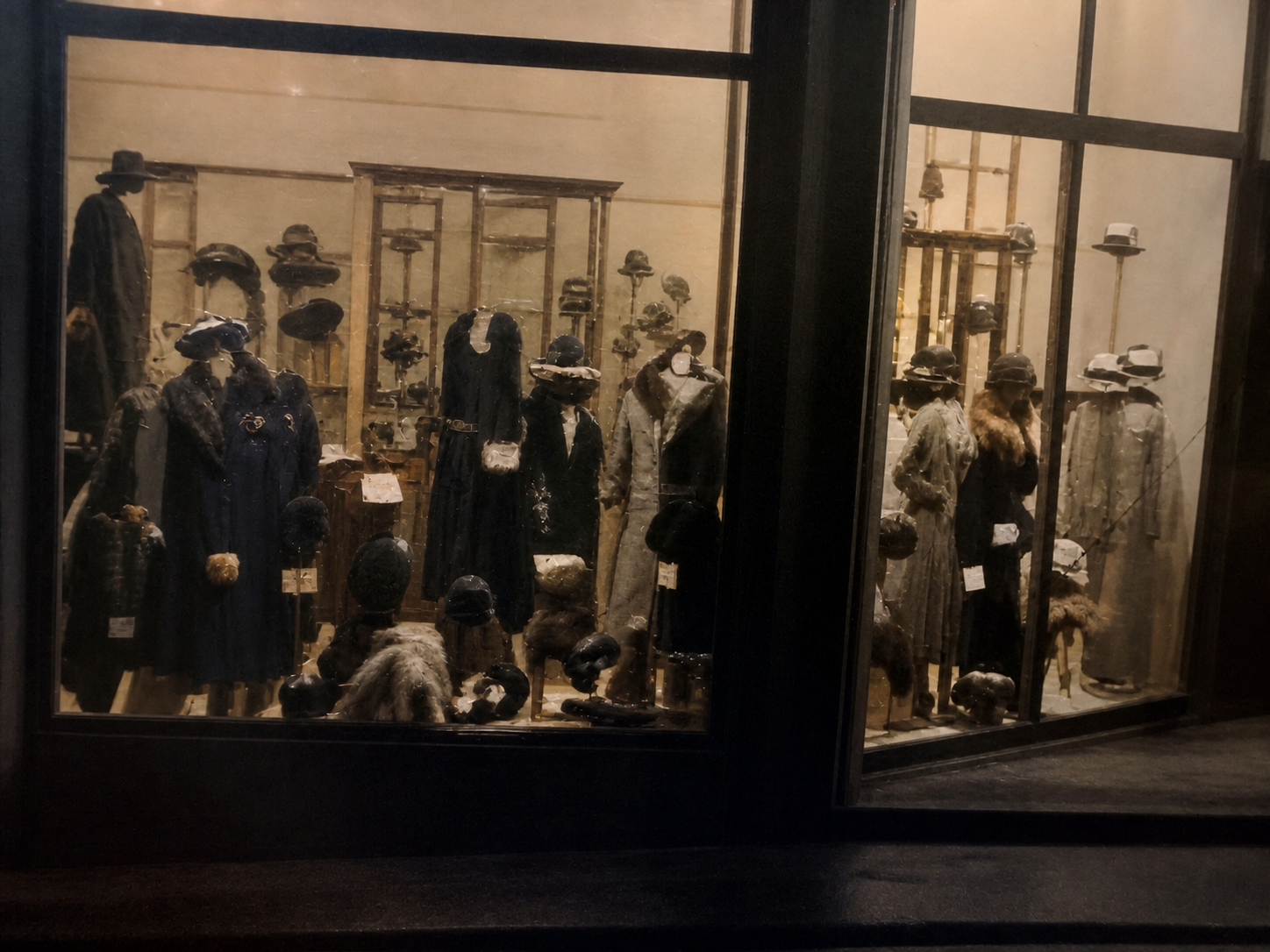 AI-generated interpretive reconstruction of the first illuminated display-window detail in the Kaufhaus Reichenbach nighttime façade photograph