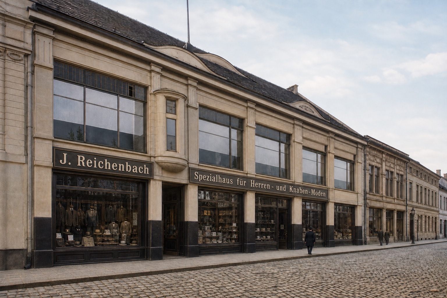 AI-generated color visualization of the J. Reichenbach department store based on the firm’s advertising stamp