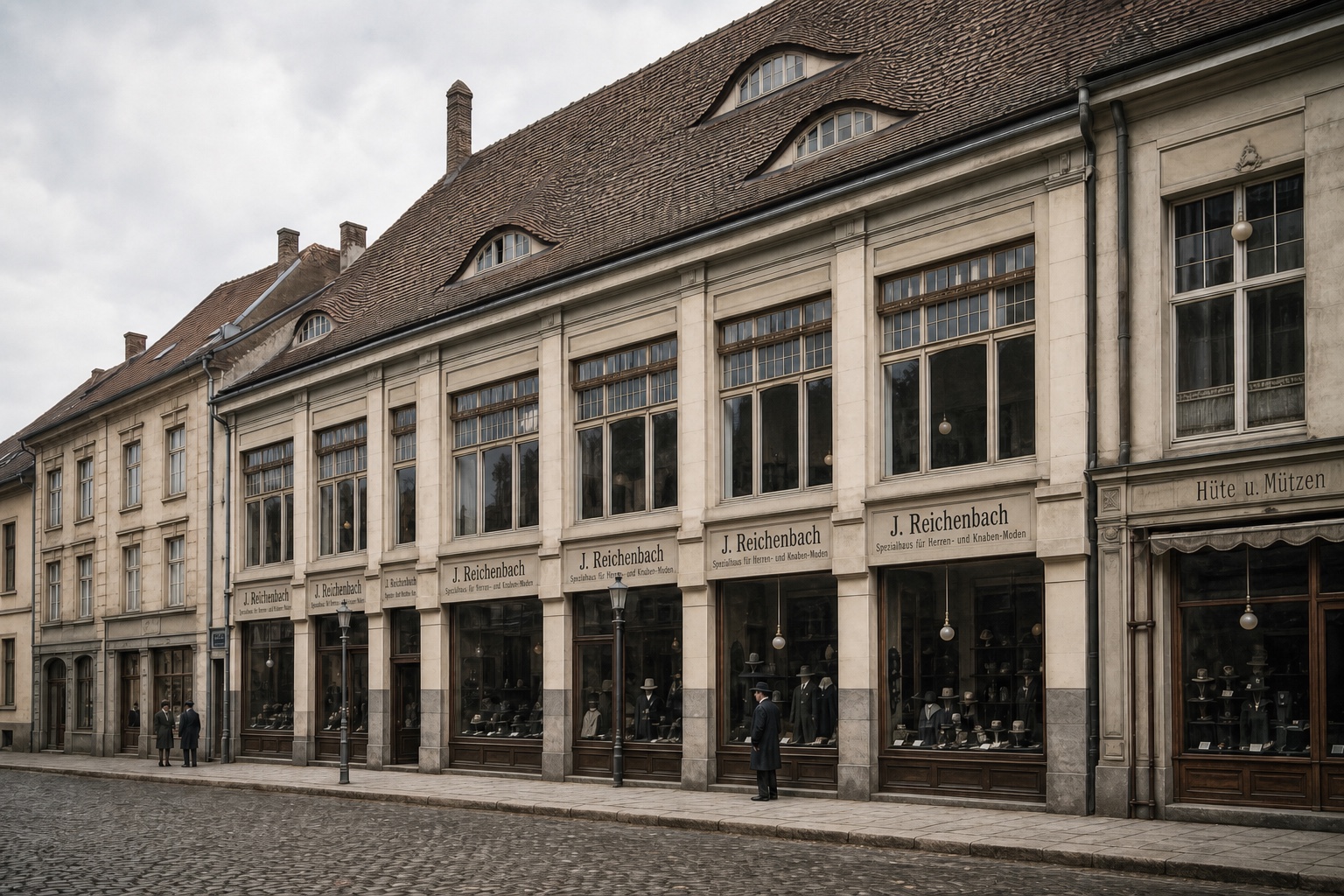 AI-generated color visualization based on the J. Reichenbach advertising stamp captioned Geschäftshaus — second view
