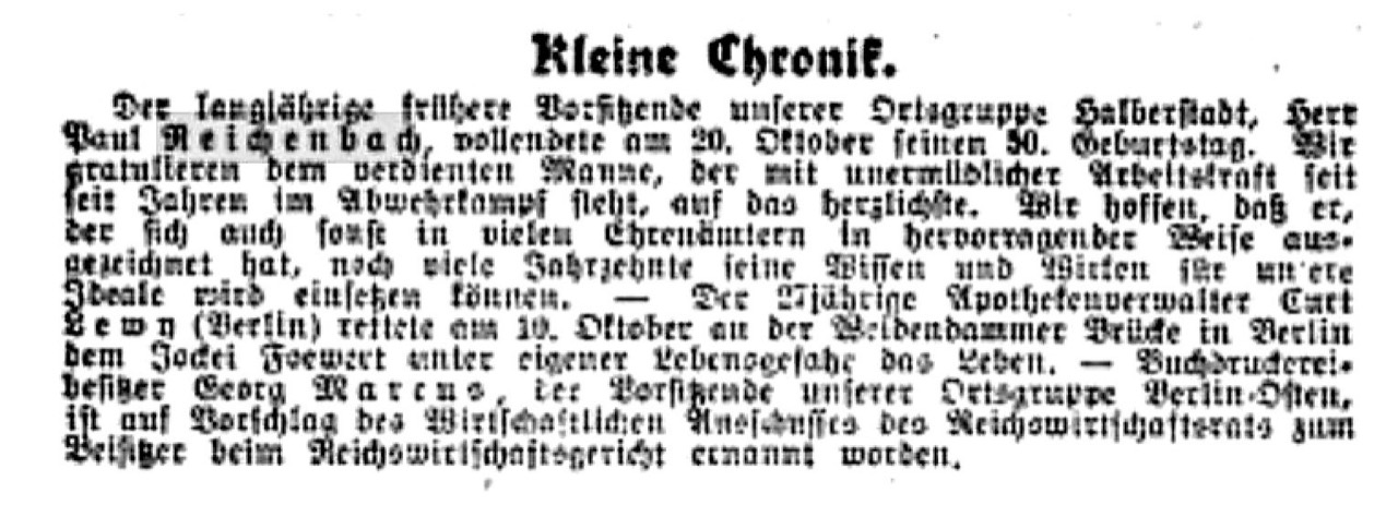 German newspaper notice in Fraktur type congratulating Paul Reichenbach of Halberstadt on his fiftieth birthday