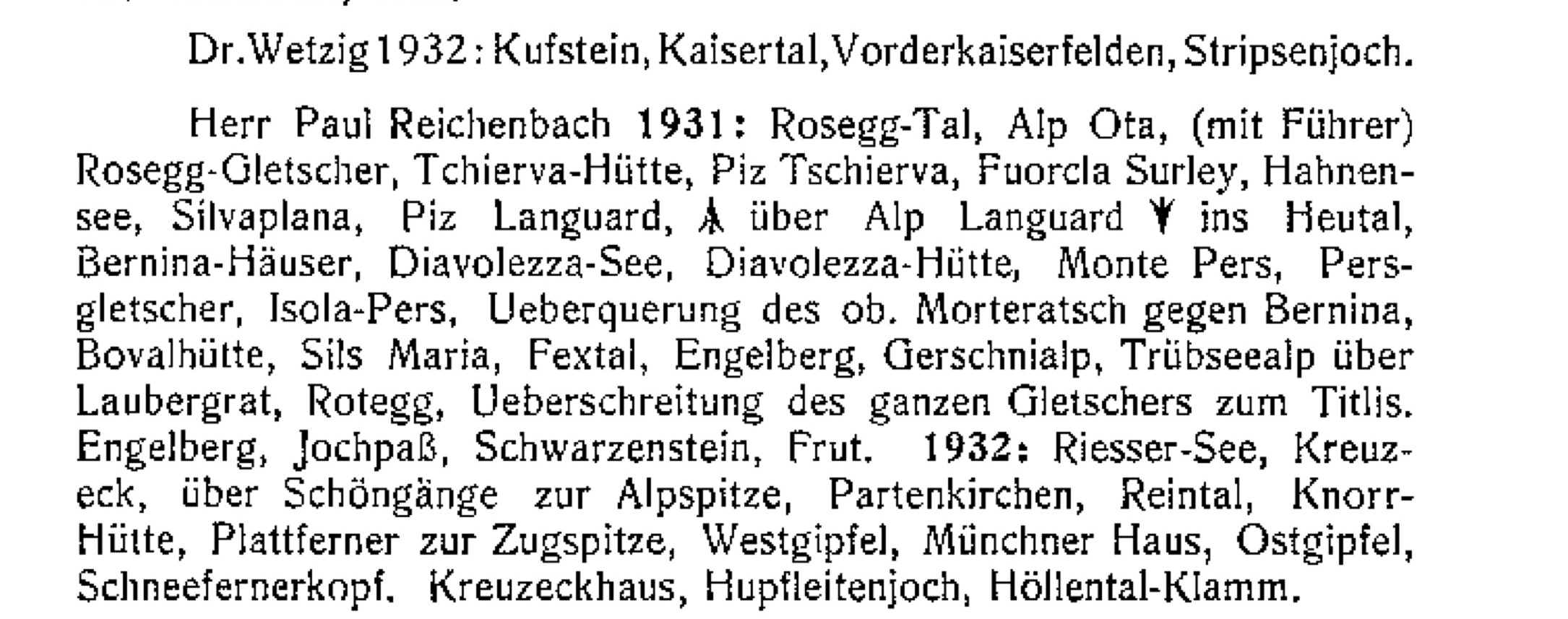 Printed German tour report listing Paul Reichenbach’s 1931 Engadine and 1932 Zugspitze routes