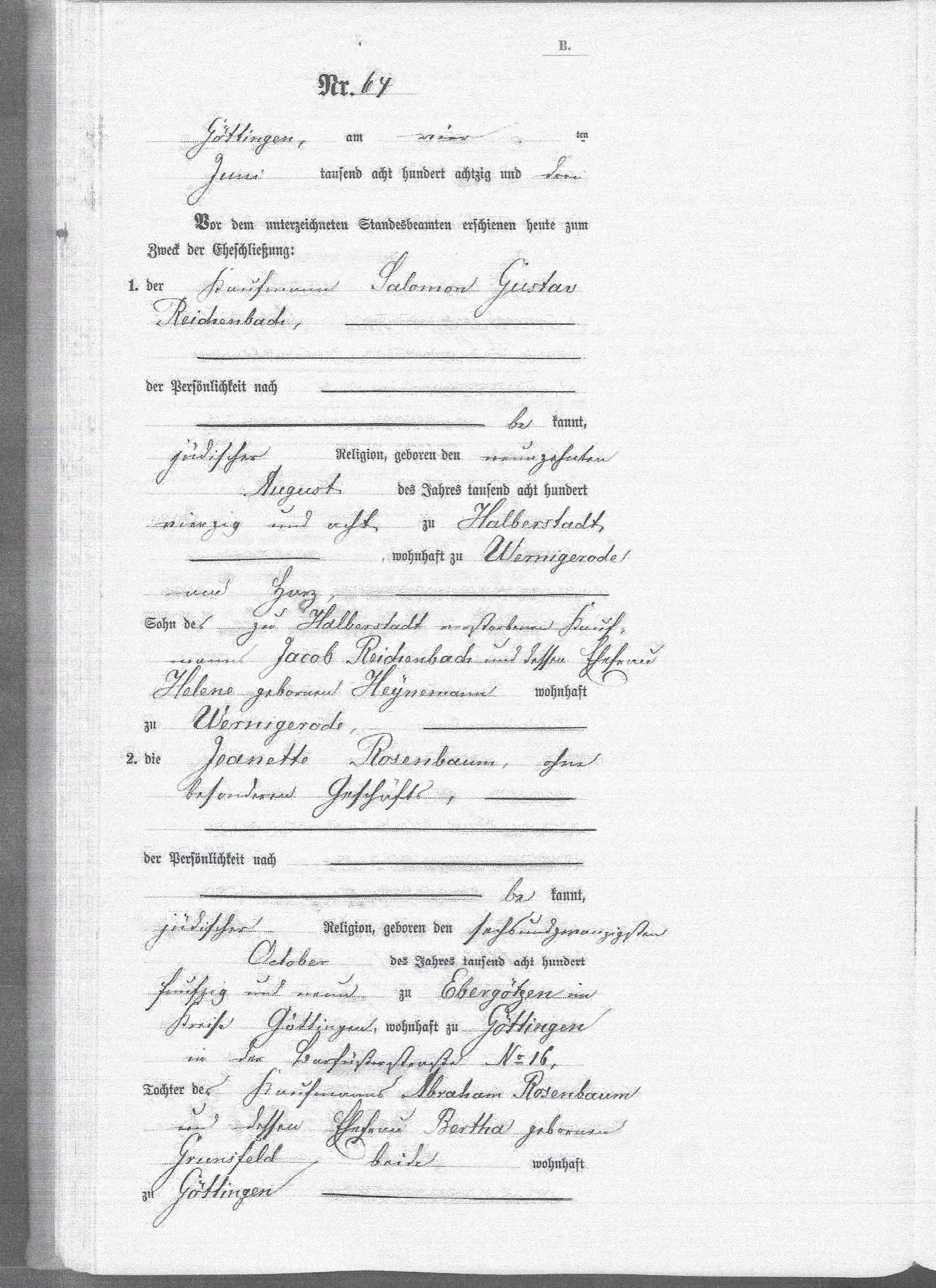 Göttingen civil marriage record for Salomon Gustav Reichenbach and Jeanette Rosenbaum