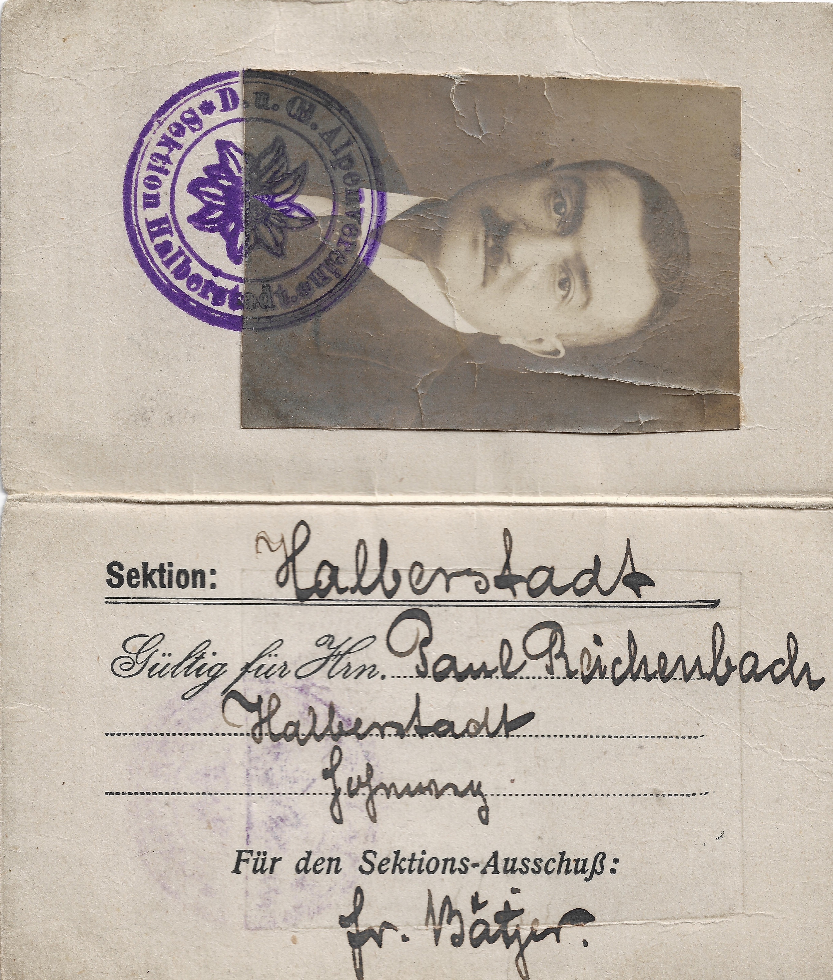 Scanned Alpine Club membership card associated with Paul Reichenbach