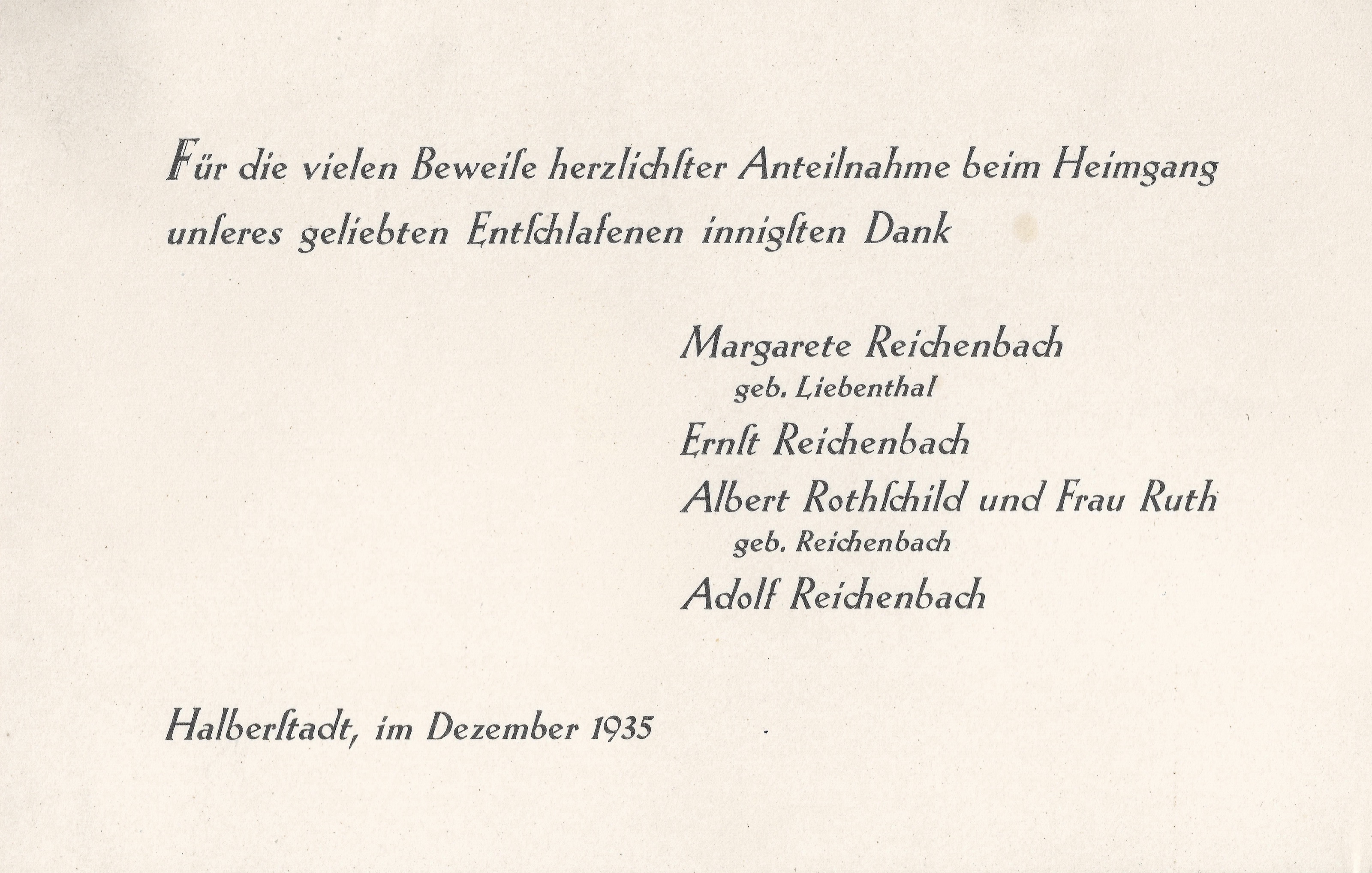 Printed German card thanking mourners for expressions of sympathy