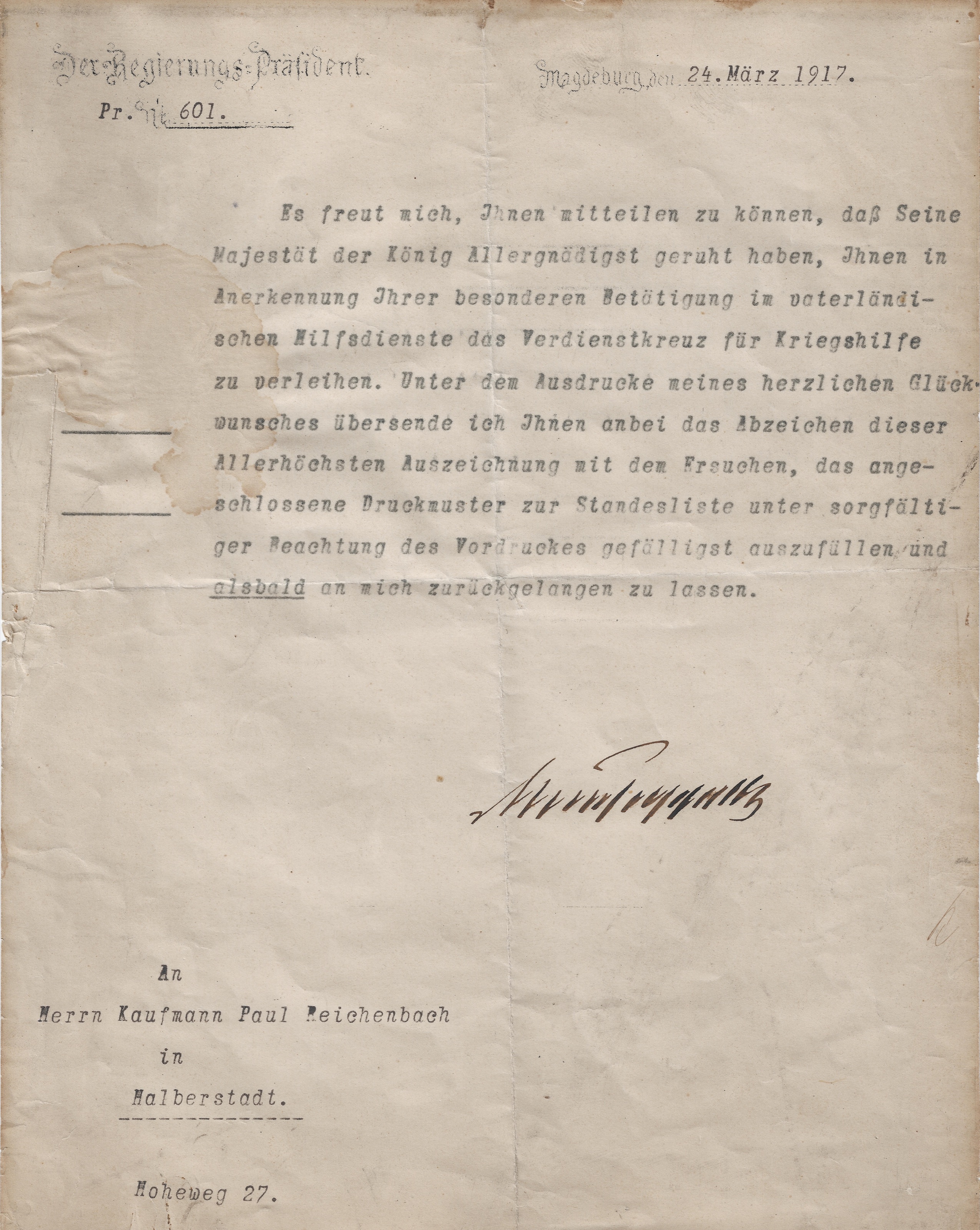 Typed German notice conferring the War Aid Merit Cross on Paul Reichenbach