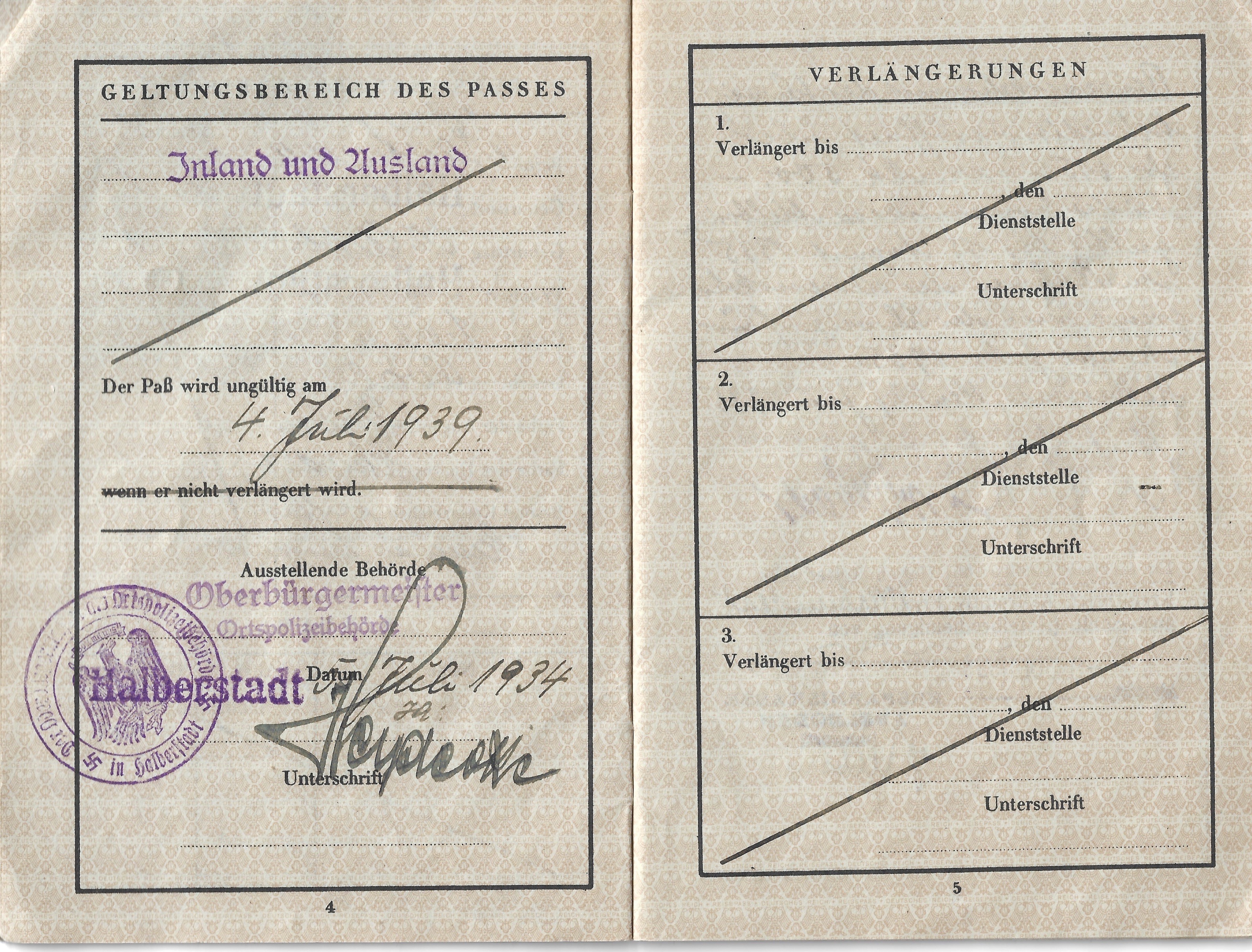 Passport validity extensions from Paul Reichenbach’s German passport