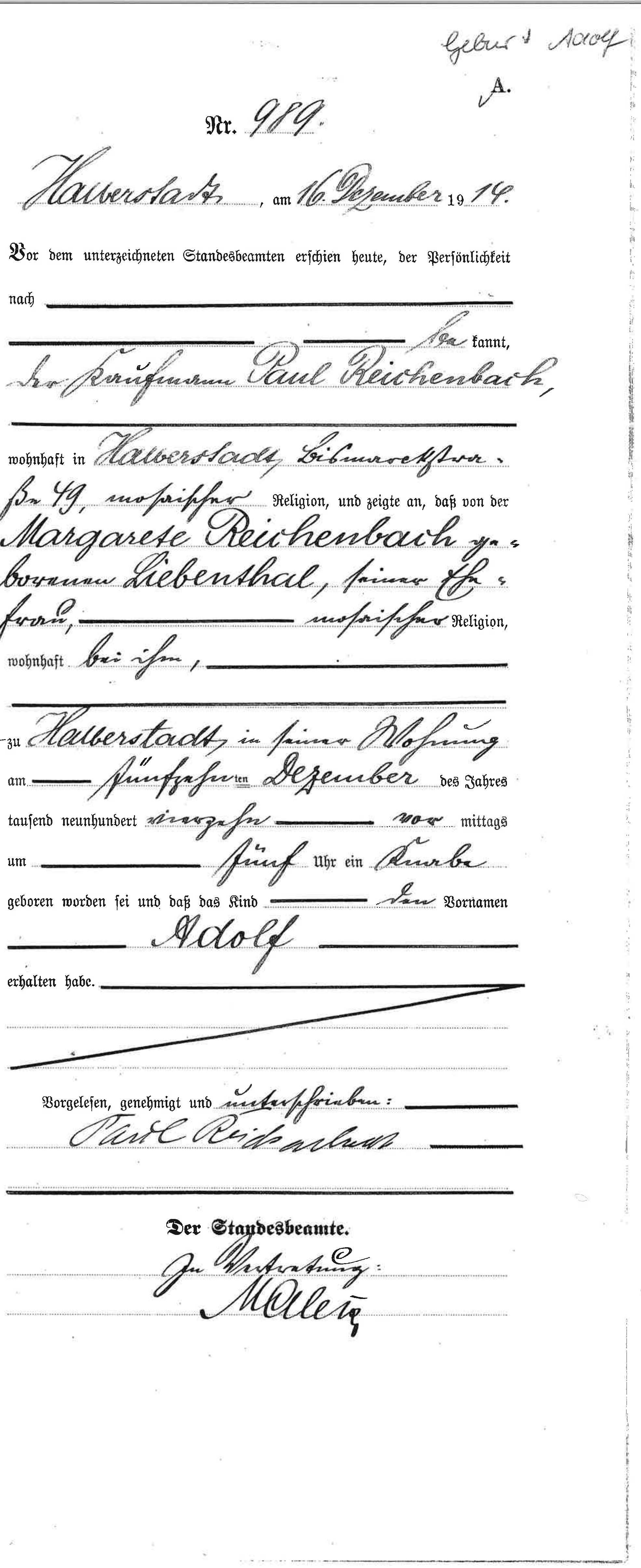 Adolf “Dolf” Reichenbach’s birth entry, supplied by the Halberstadt archive and prepared in correct reading orientation