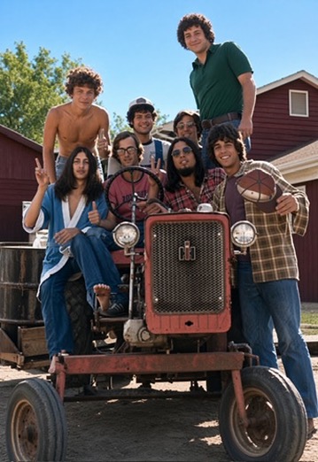 Color-adapted view of Paul J. Reichenbach and members of the Kutz Camp maintenance staff gathered on and around a red tractor in 1976