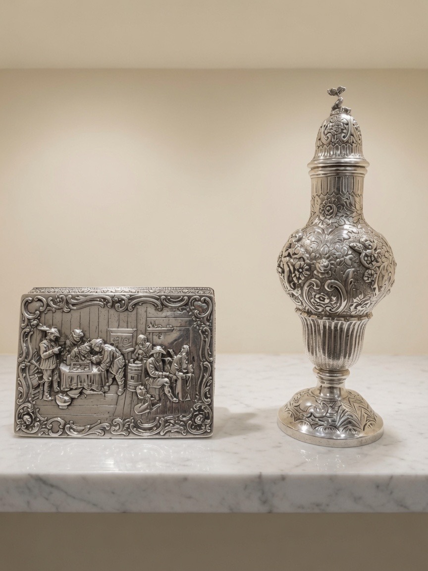 A lidded silver-coloured sugar caster beside a rectangular hinged box with a raised tavern scene