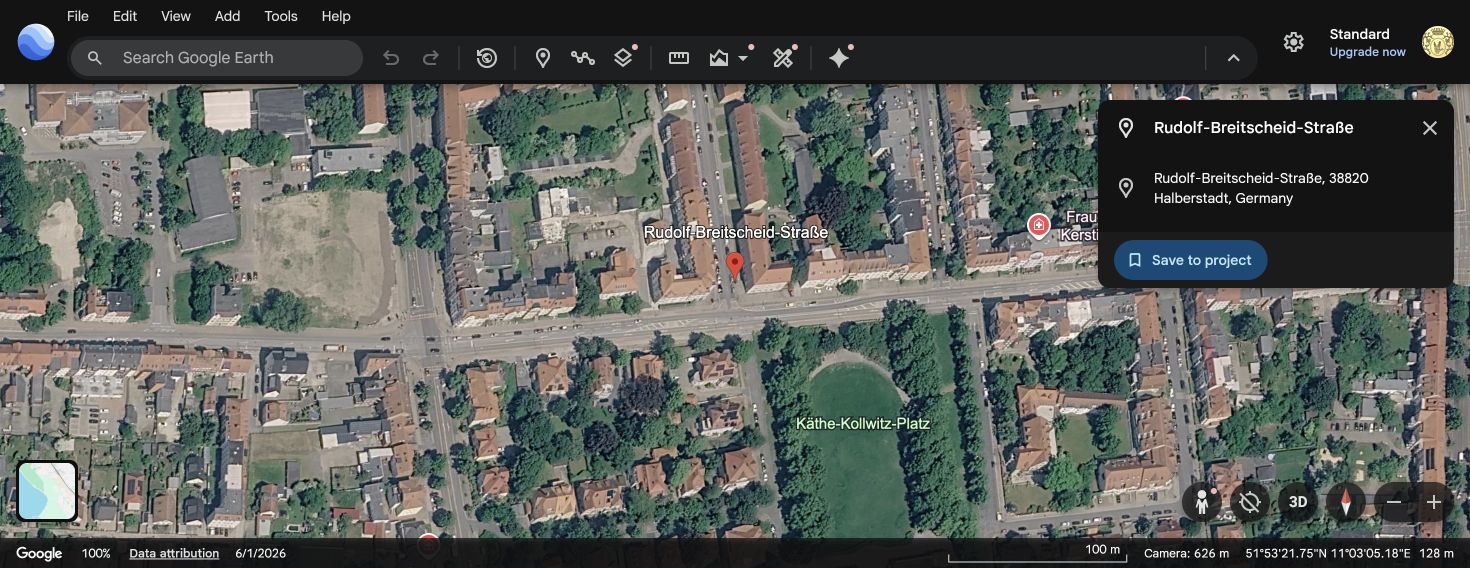 Google Earth aerial view of present-day Rudolf-Breitscheid-Straße in Halberstadt